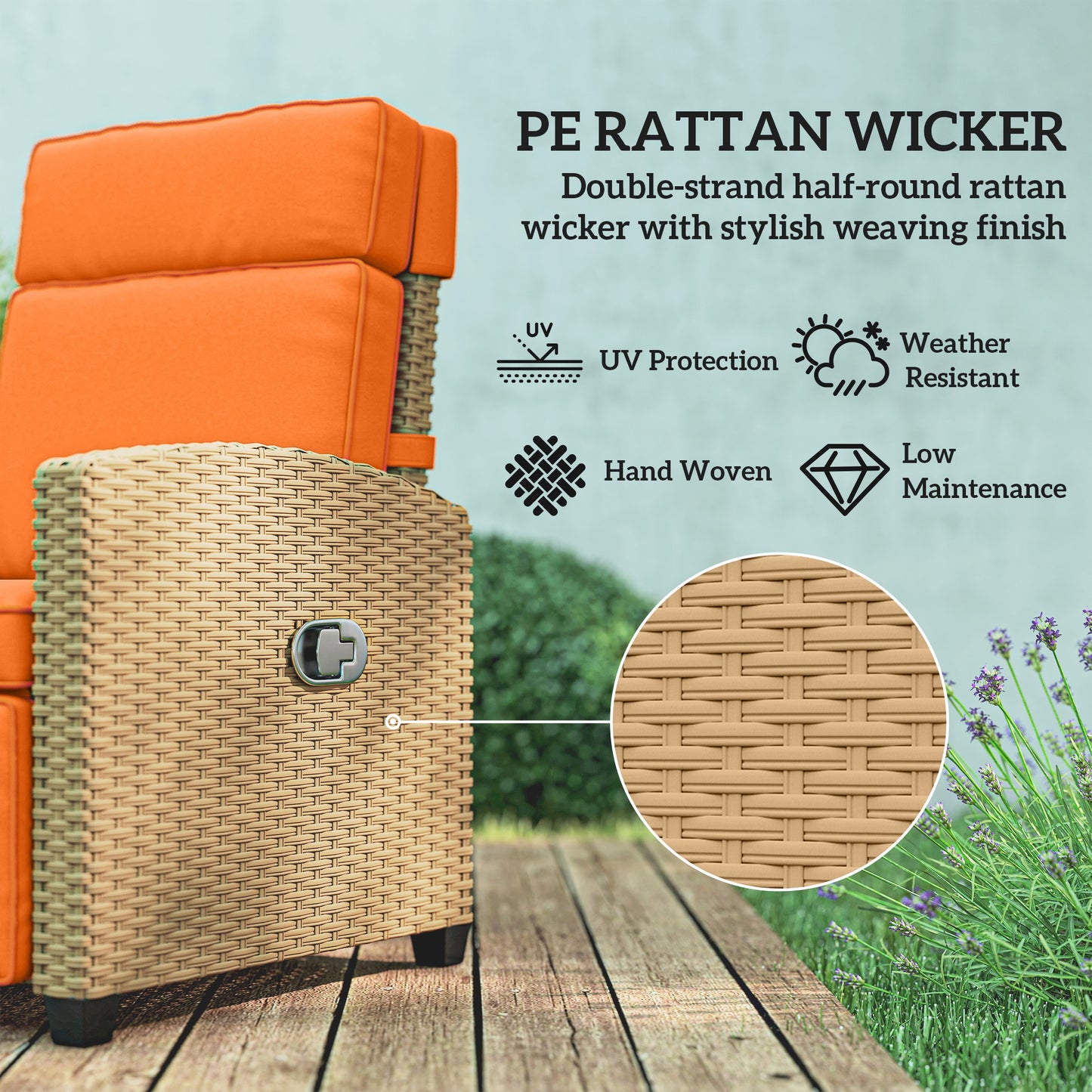 145° Reclining Rattan Armchair, with Footrest - Khaki/Orange