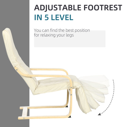 Wooden Armchair, Upholstered Linen Lounge Chair with Adjustable Footrest & Removable Cushion, Poang Chair for Living Room