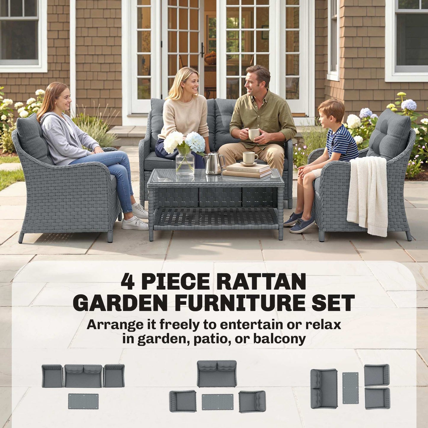 4-Piece Wicker Patio Furniture Set with 2 Armchairs, Loveseat, Glass Coffee Table, Conversation Sofa Set, Dark Grey