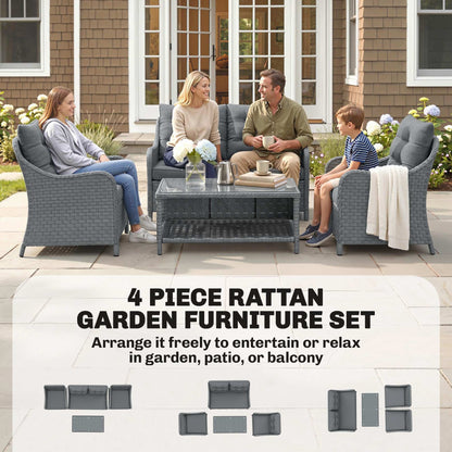 4-Piece Wicker Patio Furniture Set with 2 Armchairs, Loveseat, Glass Coffee Table, Conversation Sofa Set, Dark Grey