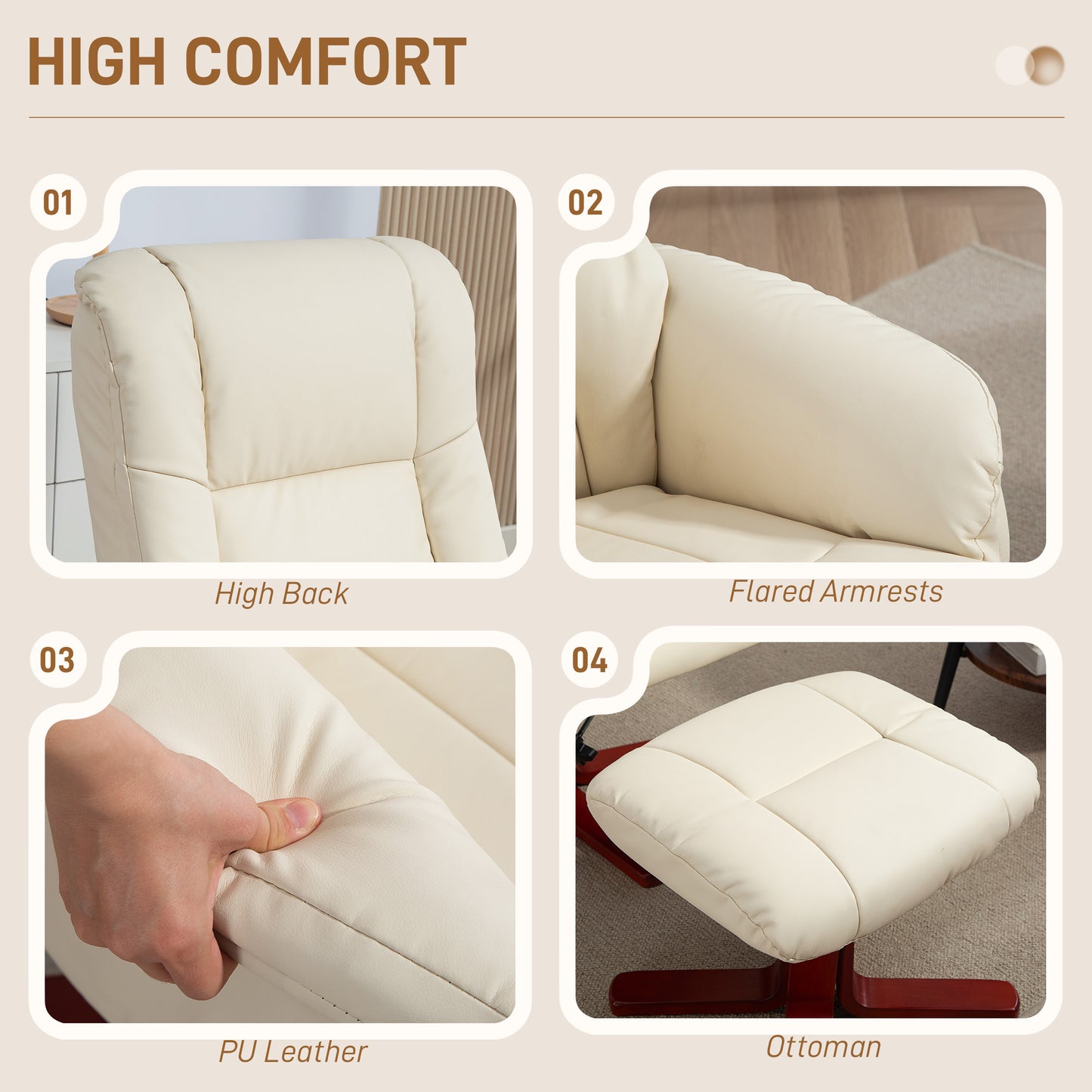 Rocking Recliner Chair with Footstool, PU Leather Recliner Armchair with Wood Base