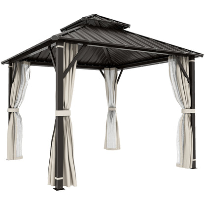 3 x 3(m) Hardtop Gazebo Canopy with Double Metal Roof, Waterproof Permanent Pavilion Garden Gazebo with Netting and Curtains