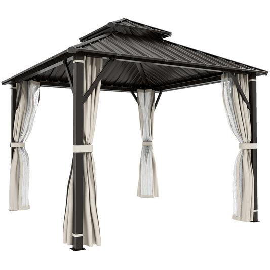 3 x 3(m) Hardtop Gazebo Canopy with Double Metal Roof, Waterproof Permanent Pavilion Garden Gazebo with Netting and Curtains