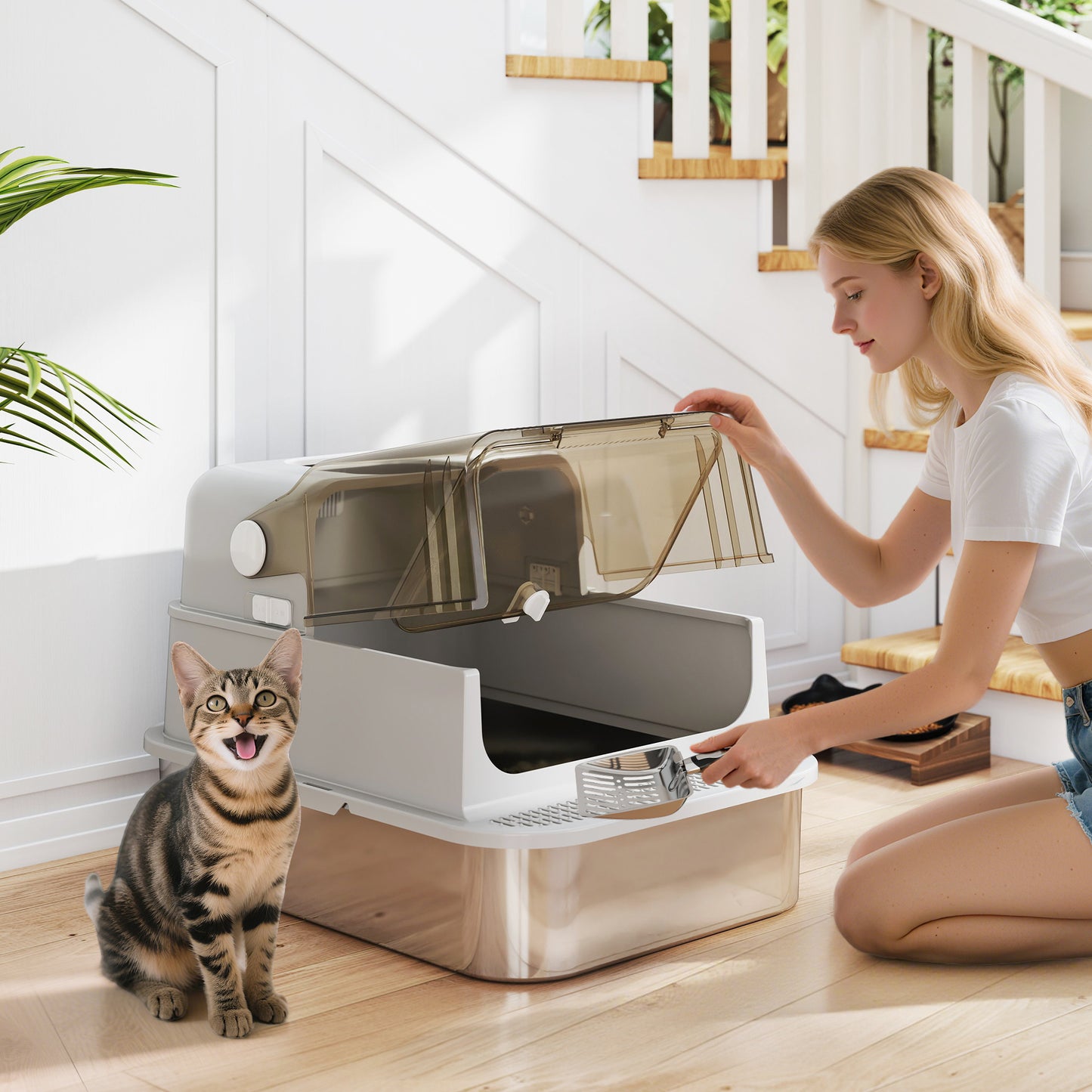 XXL Stainless Steel Cat Litter Tray, Enclosed Cat Litter Box with 90° Flip Cover, Double Doors, Scoop, Easy Clean, Grey
