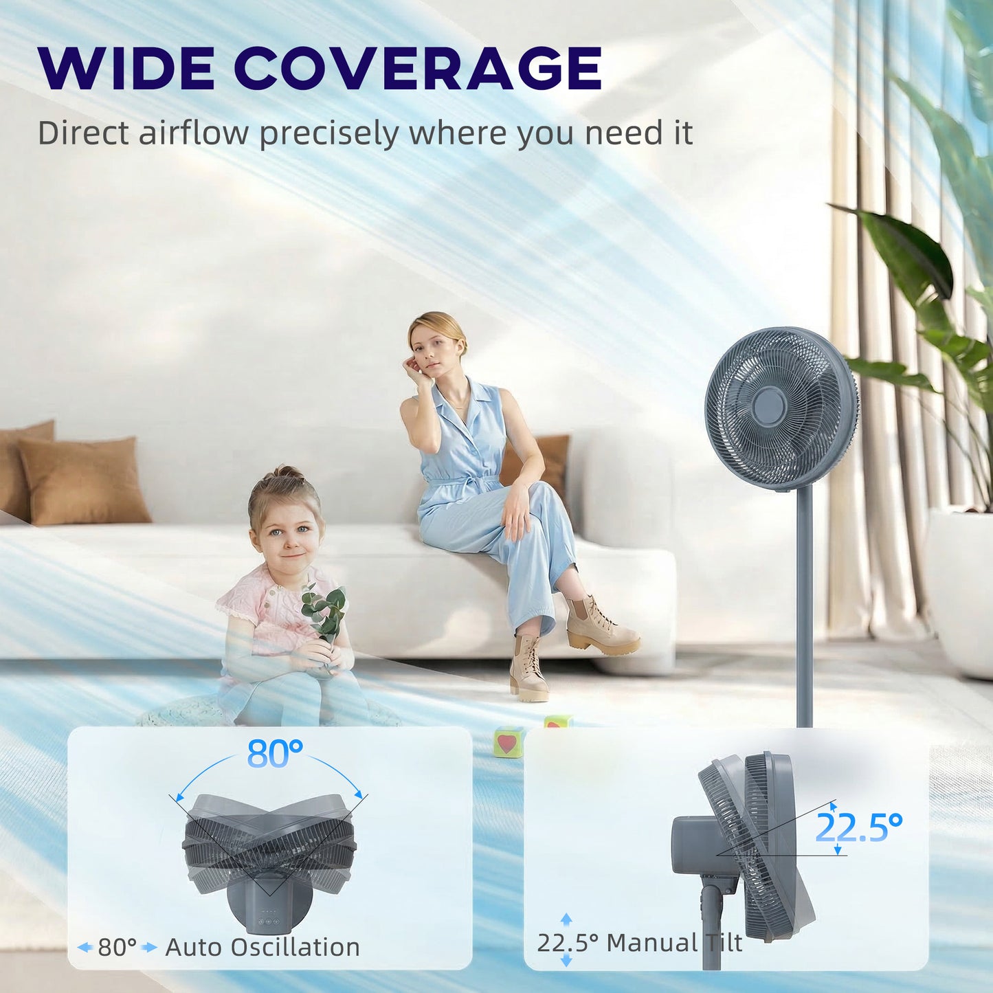 40 cm Standing Fan, Cooling Floor Fan with 80° Oscillating, Adjustable Tilt and Height, 4 Speed, Remote Control, Grey