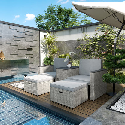 5 Piece Rattan Garden Furniture Set with Storage Table, Footstools, Cushions, Grey