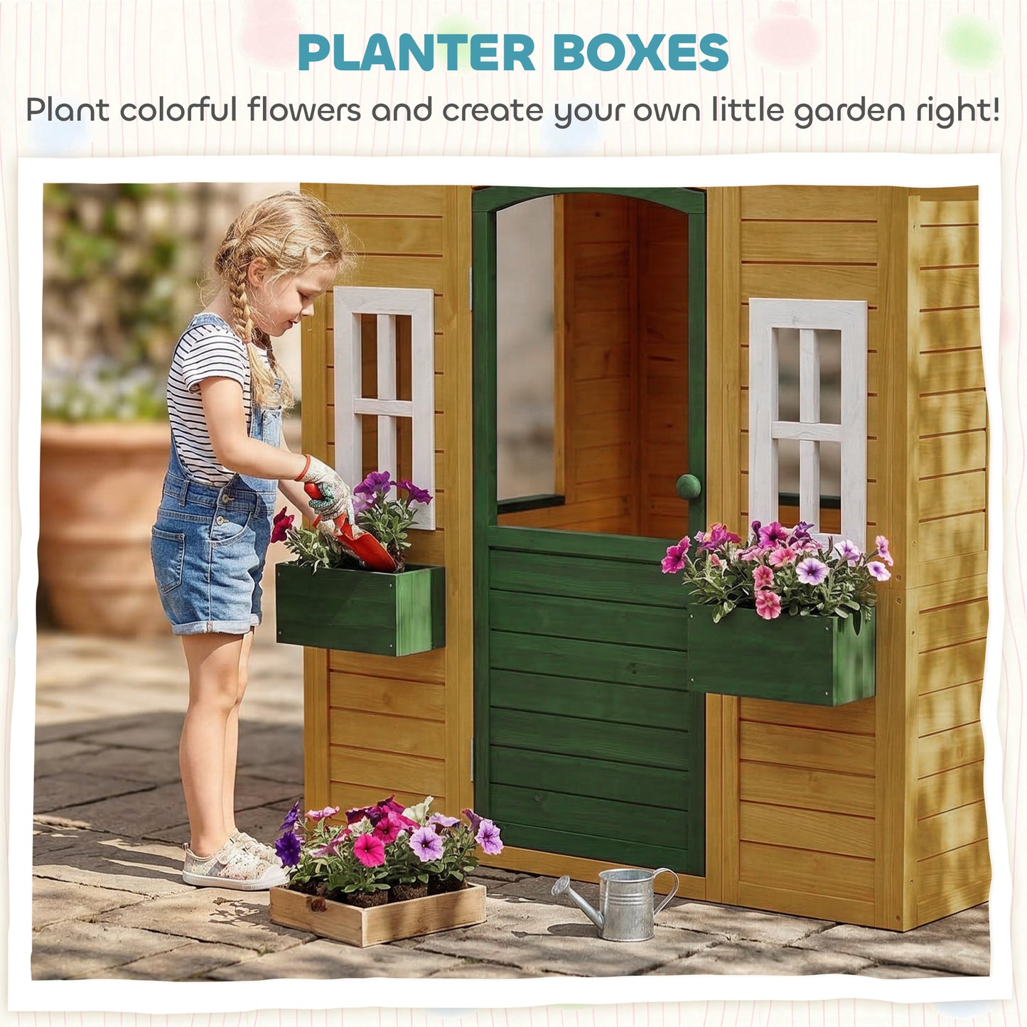 Outdoor Kids Playhouse, Wooden Wendy House with Door, 3 Windows, 2 Flower Boxes for Garden, Indoor Playroom
