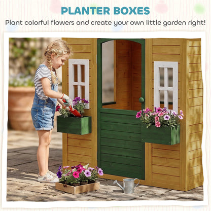 Outdoor Kids Playhouse, Wooden Wendy House with Door, 3 Windows, 2 Flower Boxes for Garden, Indoor Playroom