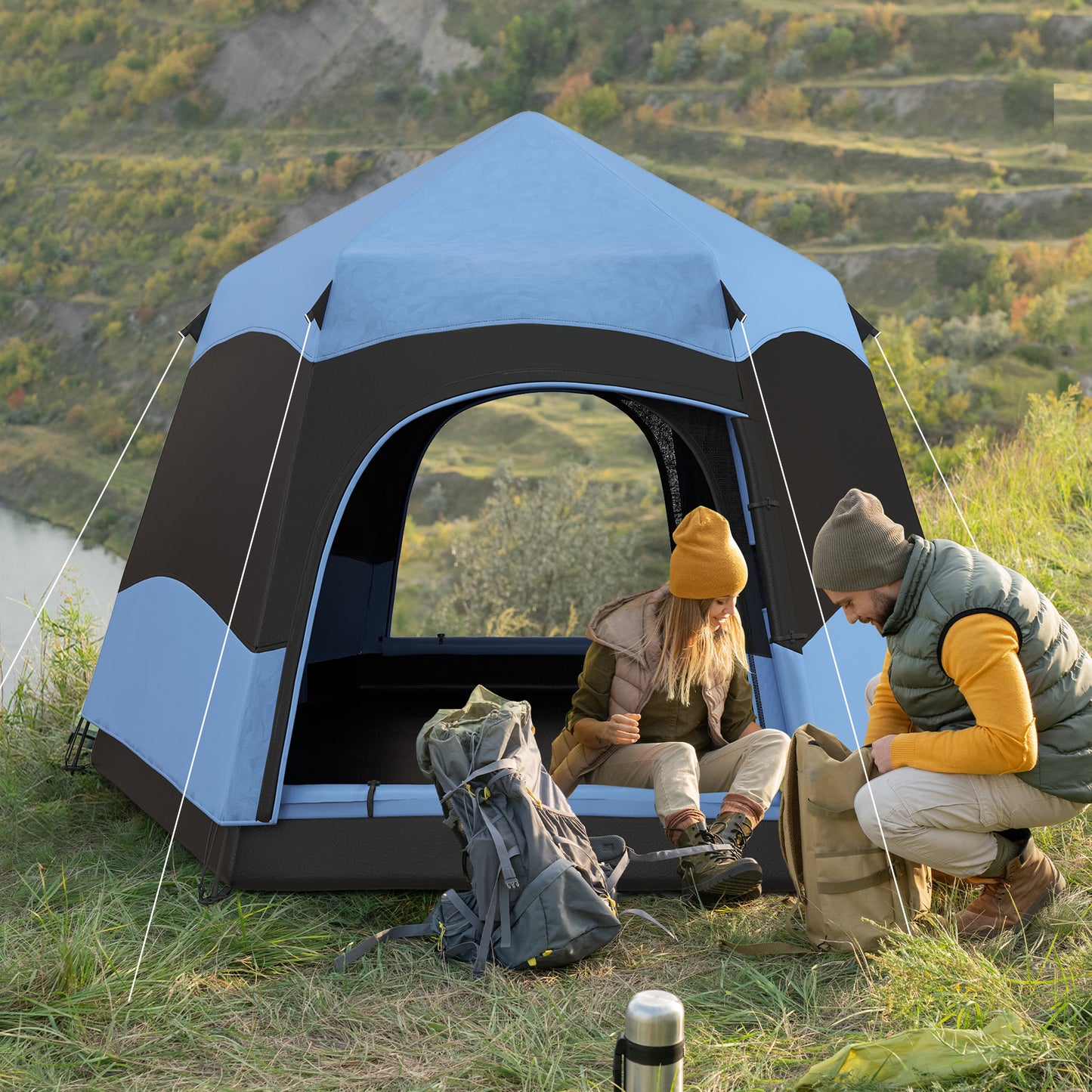 4 Man Hexagon Camping Tent with Hang Hook and Carry Bag - Blue and Black