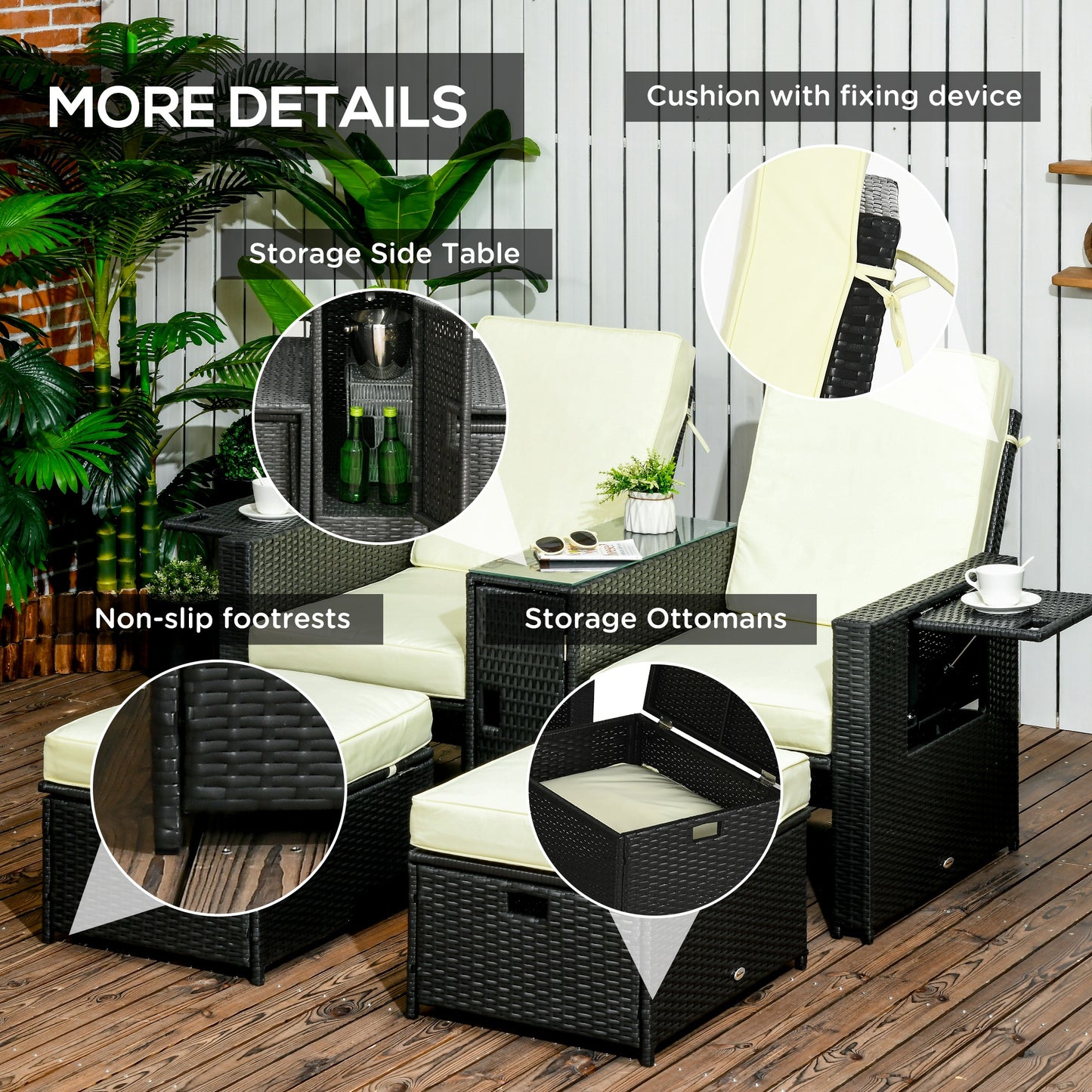 5PC PE Rattan Sun Lounger, Outdoor Wicker 5-level Adjustable Recliner Sofa Bed with Storage Side Table and Footstools