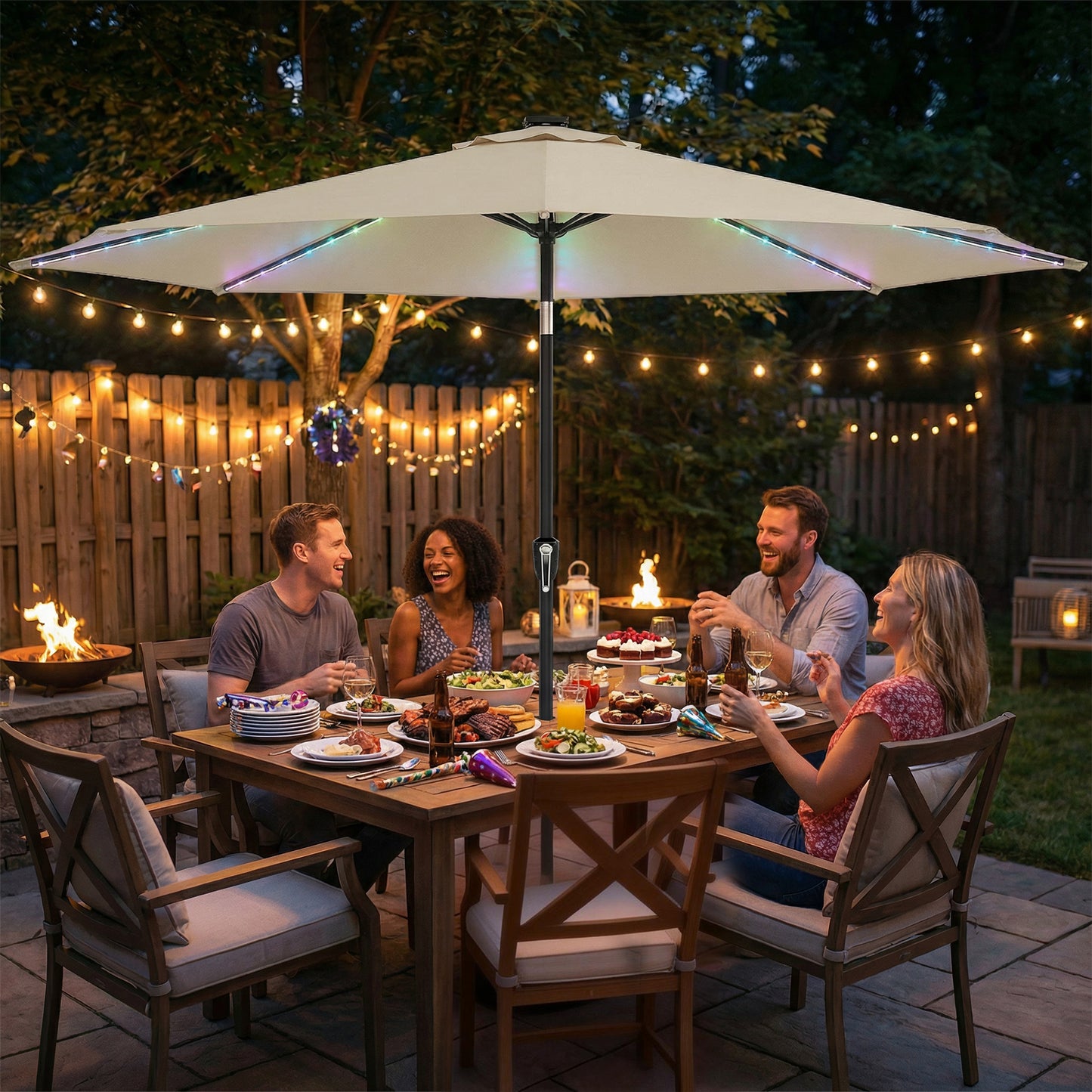 3 m Garden Parasol Umbrella with 112 Solar Powered LED Lights, Patio Umbrella with Crank Handle, Beige