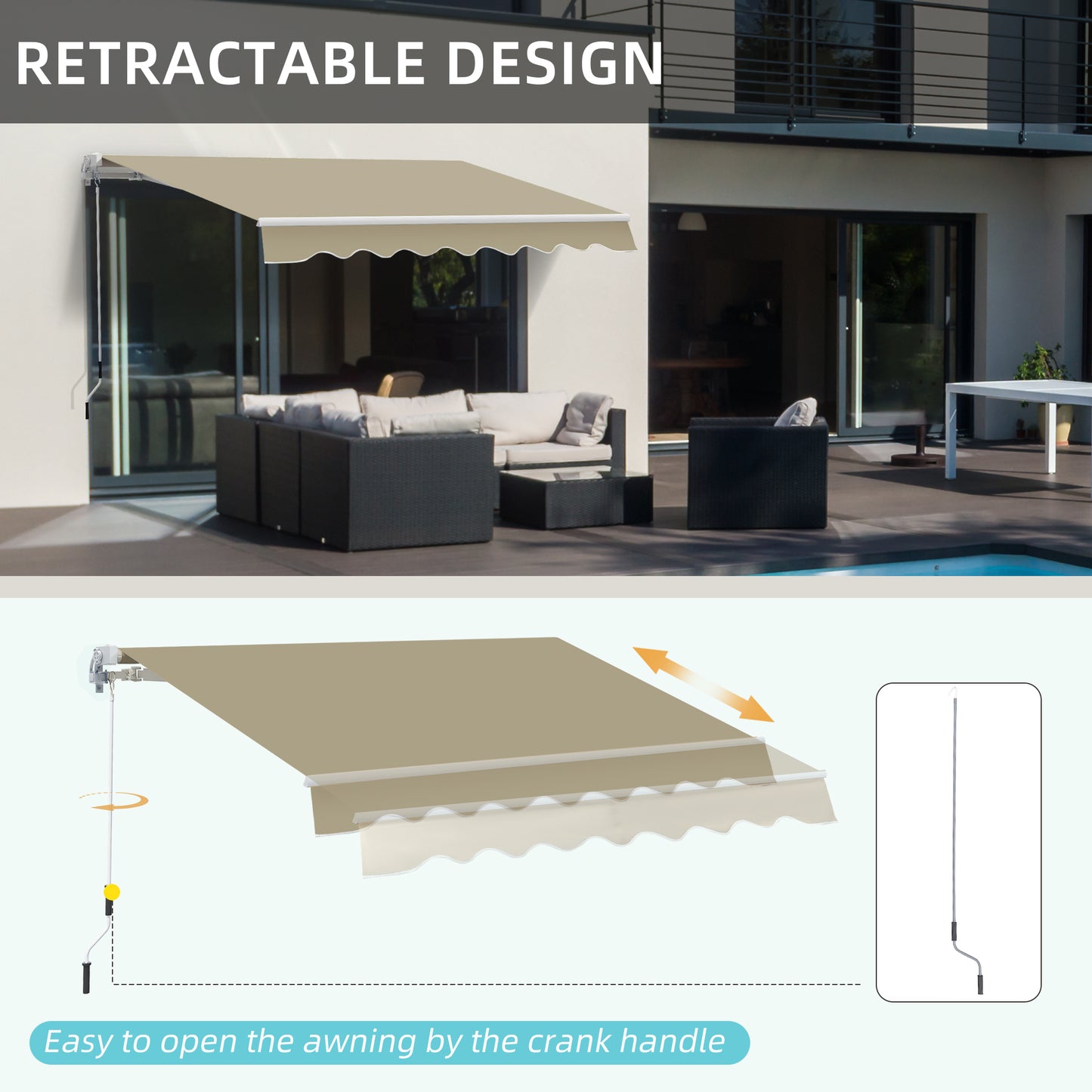 2.5x2 m Manual Retractable Awning-Khaki Canopy, White Frame