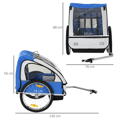 2 Seat Bike Trailer Bicycle wagon for Kids Child Steel Frame Safety Harness Seat Carrier Hitch Coupler Blue White 130 x 76 x