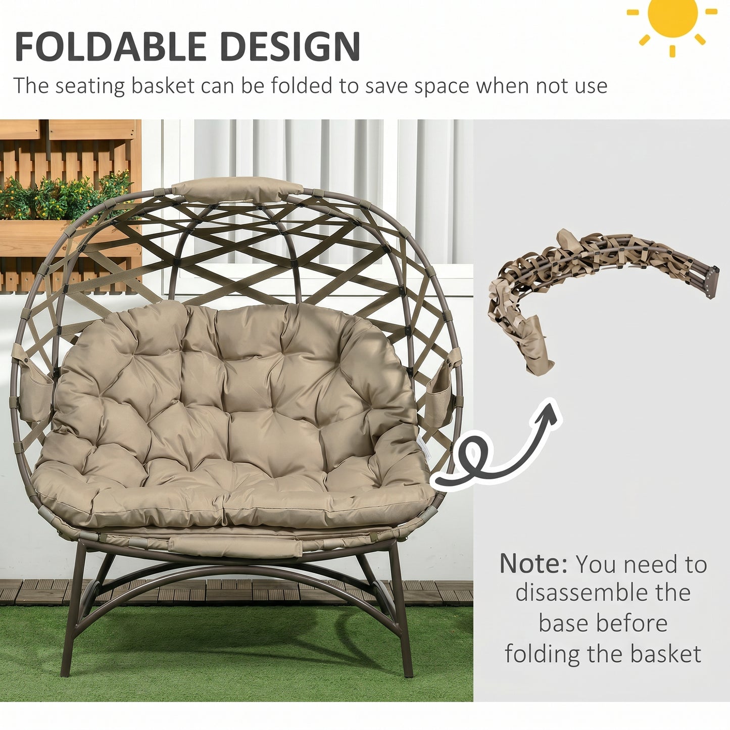 2 Seater Egg Chair Outdoor, Folding Weave Garden Furniture Chair with Cushion, Cup Pockets - Khaki