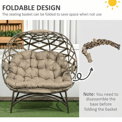 2 Seater Egg Chair Outdoor, Folding Weave Garden Furniture Chair with Cushion, Cup Pockets - Khaki
