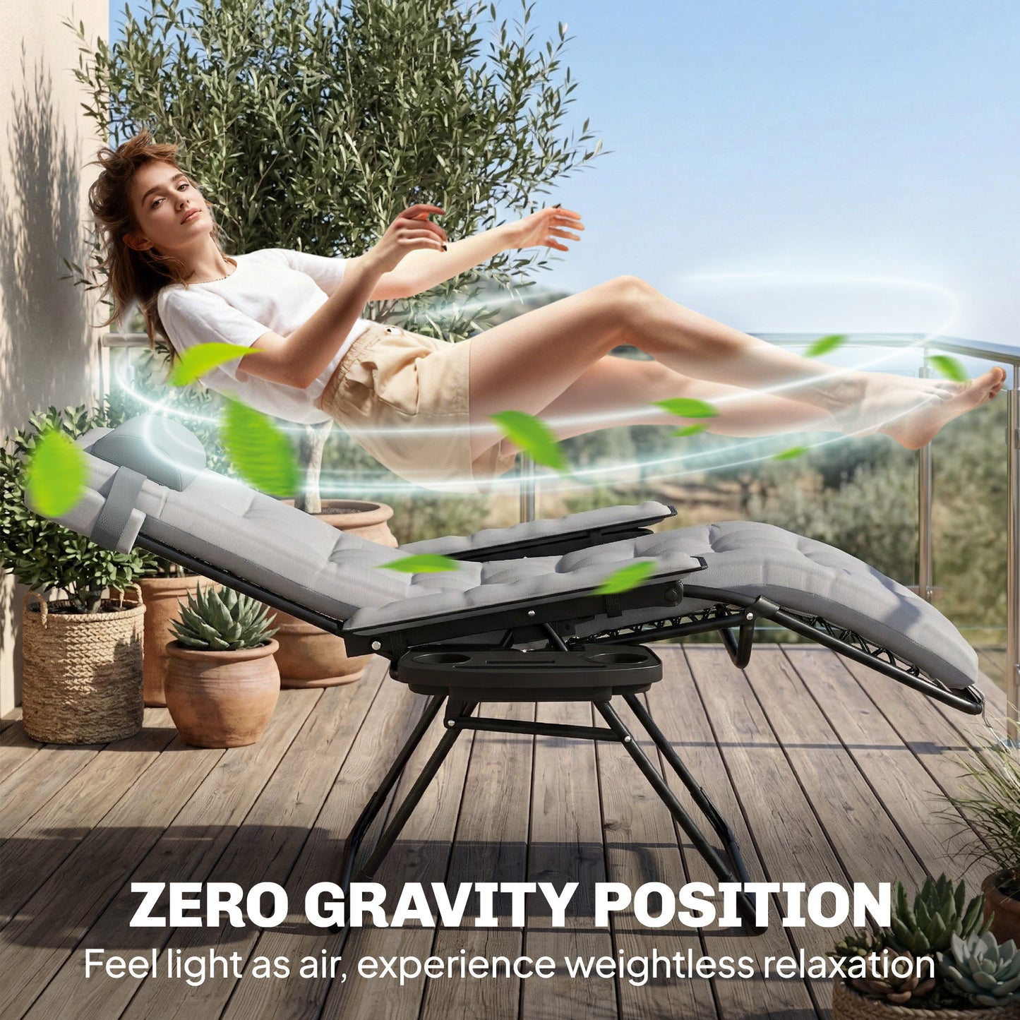 Zero Gravity Chair, Folding Sun Lounger Reclining Garden Chair with Arm Pads, Cushion, Cup Holder, Headrest, Light Grey
