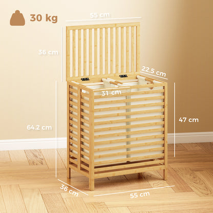 Bamboo Laundry Basket with Lid, 2 Baskets, Foldable, 64L, Natural and Cream White