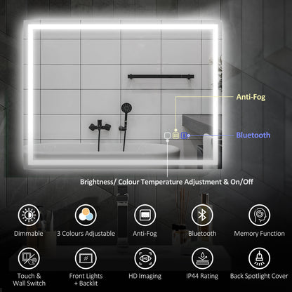 60 x 80 cm Anti-Fog LED Bathroom Mirror, with Bluetooth - Silver Tone