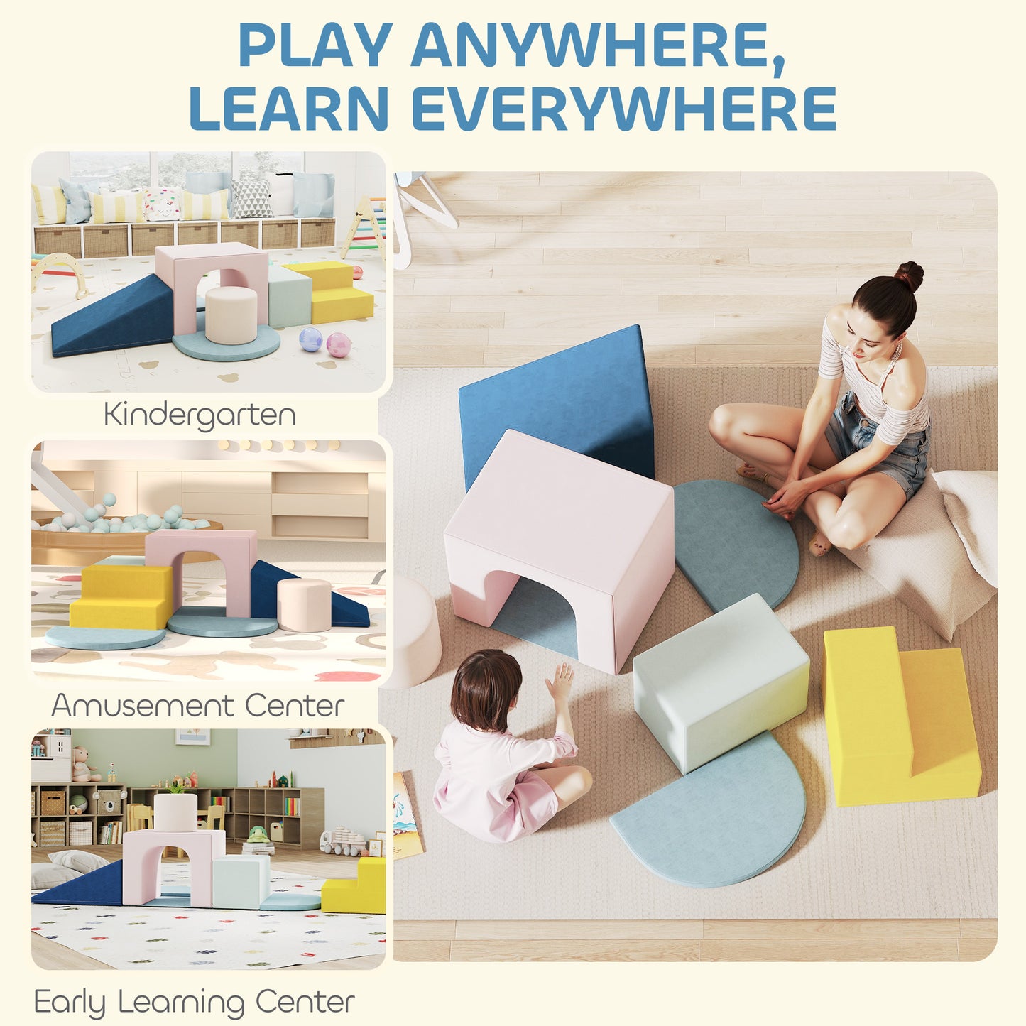 8-Piece Foam Play Blocks for Kids, Soft Motor Skill Blocks with Washable Velvet Covers, Indoor Climbing Set, Multicolor