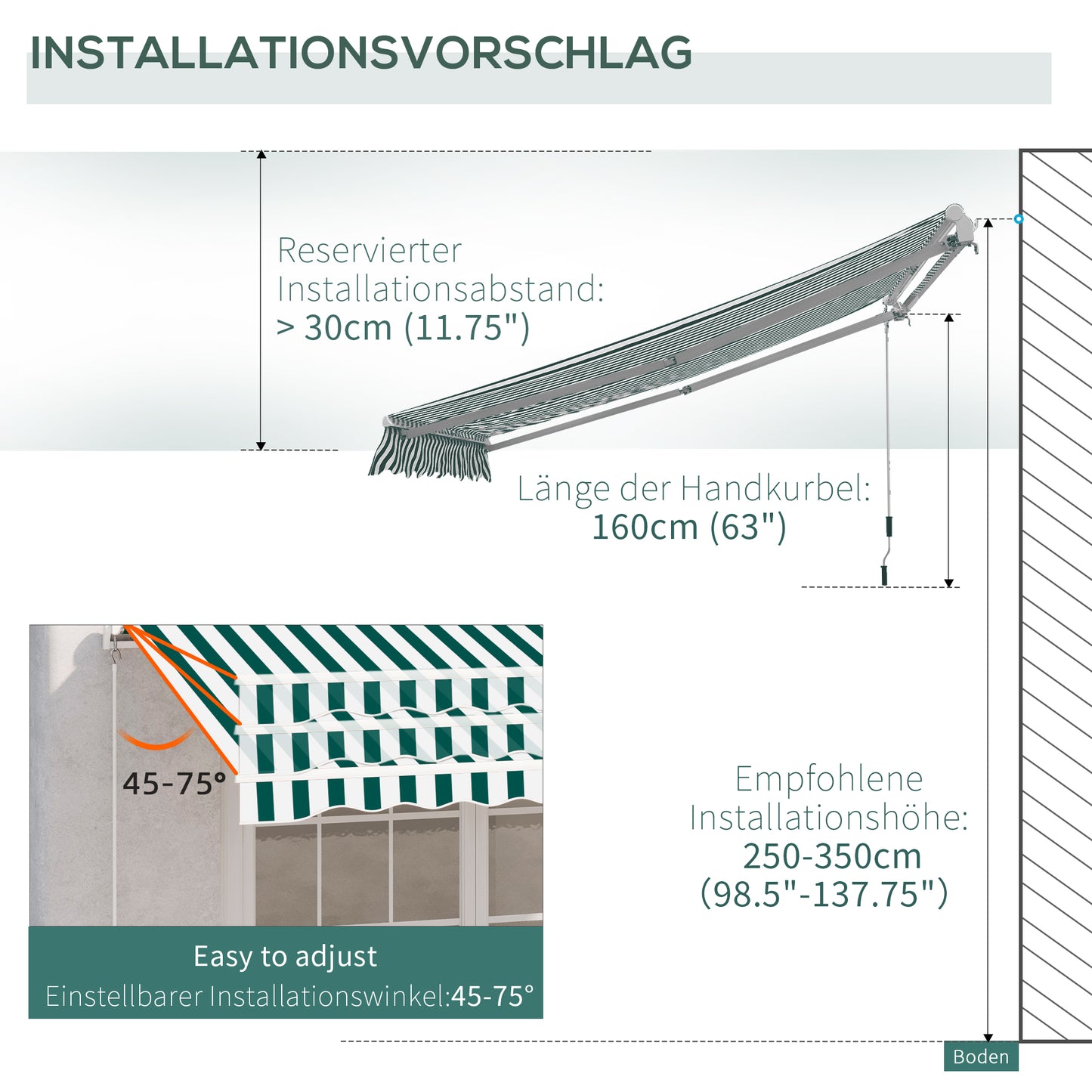 3 x 2.5m Patio Awning, Anti-UV and Waterproof Sun Shade Canopy with Chain Drive and Hand Crank, Green/White Stripes