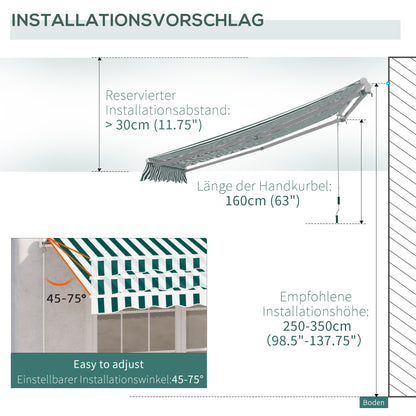 3 x 2.5m Patio Awning, Anti-UV and Waterproof Sun Shade Canopy with Chain Drive and Hand Crank, Green/White Stripes