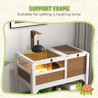 Wooden Tortoise House, with Shelter, Run, Shelf, Lamp Holder, Tray - Brown