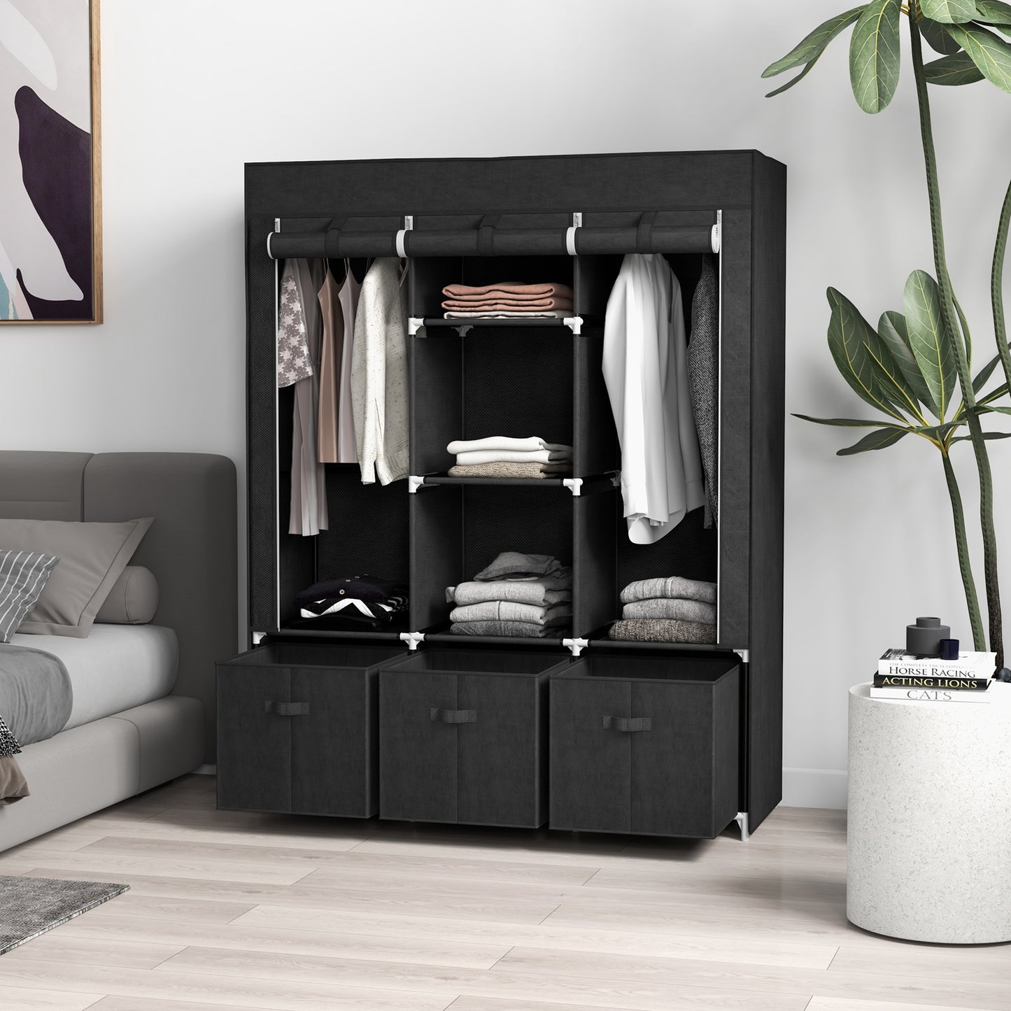Foldable Fabric Wardrobe for Bedroom, Portable Wardrobe with 5 Shelves, 2 Hanging Rails and 3 Fabric Drawers, Black