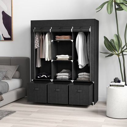Foldable Fabric Wardrobe for Bedroom, Portable Wardrobe with 5 Shelves, 2 Hanging Rails and 3 Fabric Drawers, Black
