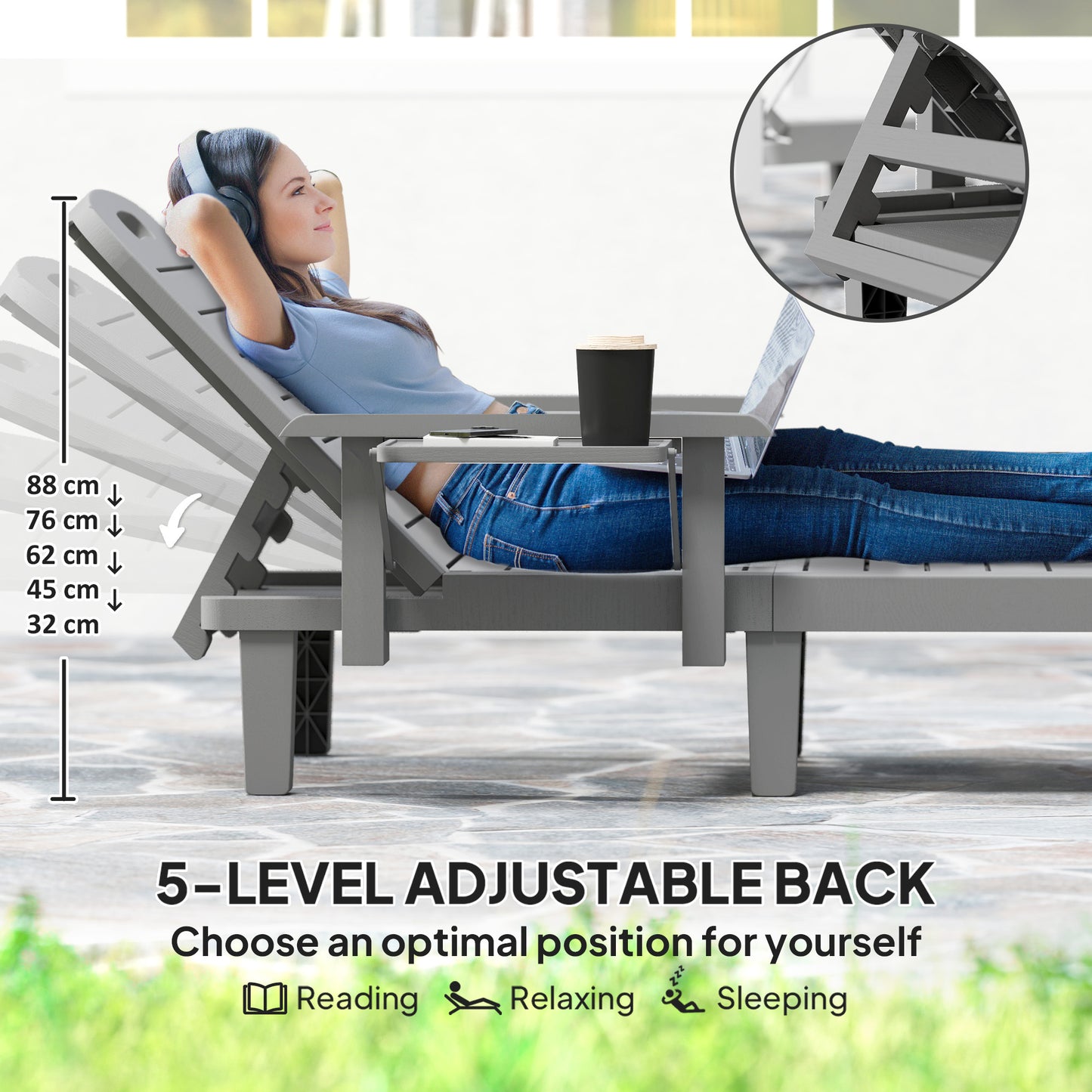 Set of 2 Reclining Sun Loungers, 5 Positions Adjustable Outdoor Chaise Lounge Chair with Armrests, Dark Grey