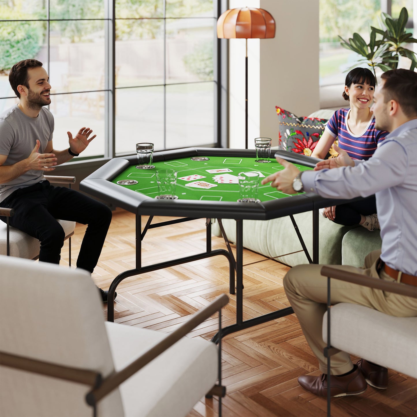 8 Player Folding Poker Table, Portable Octagon Blackjack Table with Cup Holders, Padded Edge, Green