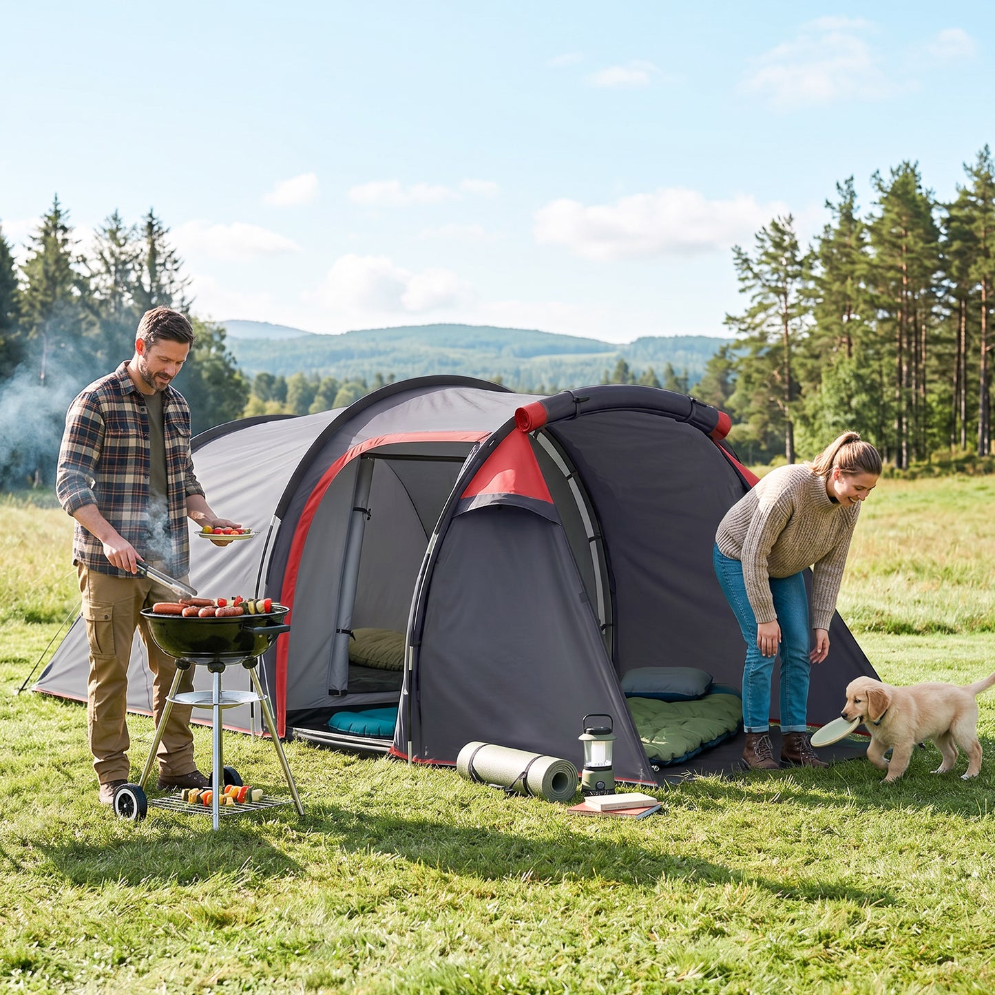 2 Man Tunnel Tent with Sewn-in Groundsheet, Air Vents, Rainfly, 2000mm Large Camping Tent with Bedroom, Porch