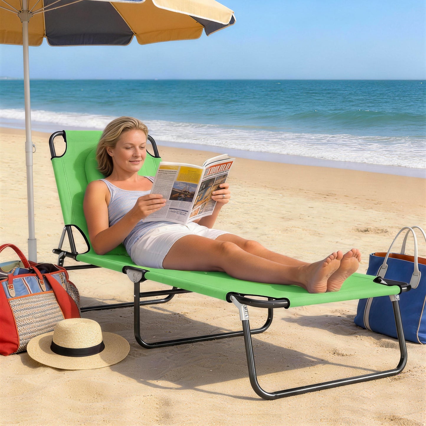Folding Sun Lounger with Face Hole, 4-Position Adjustable Backrest Garden Recliner Chair Sunbed, Outdoor Lounge Chair
