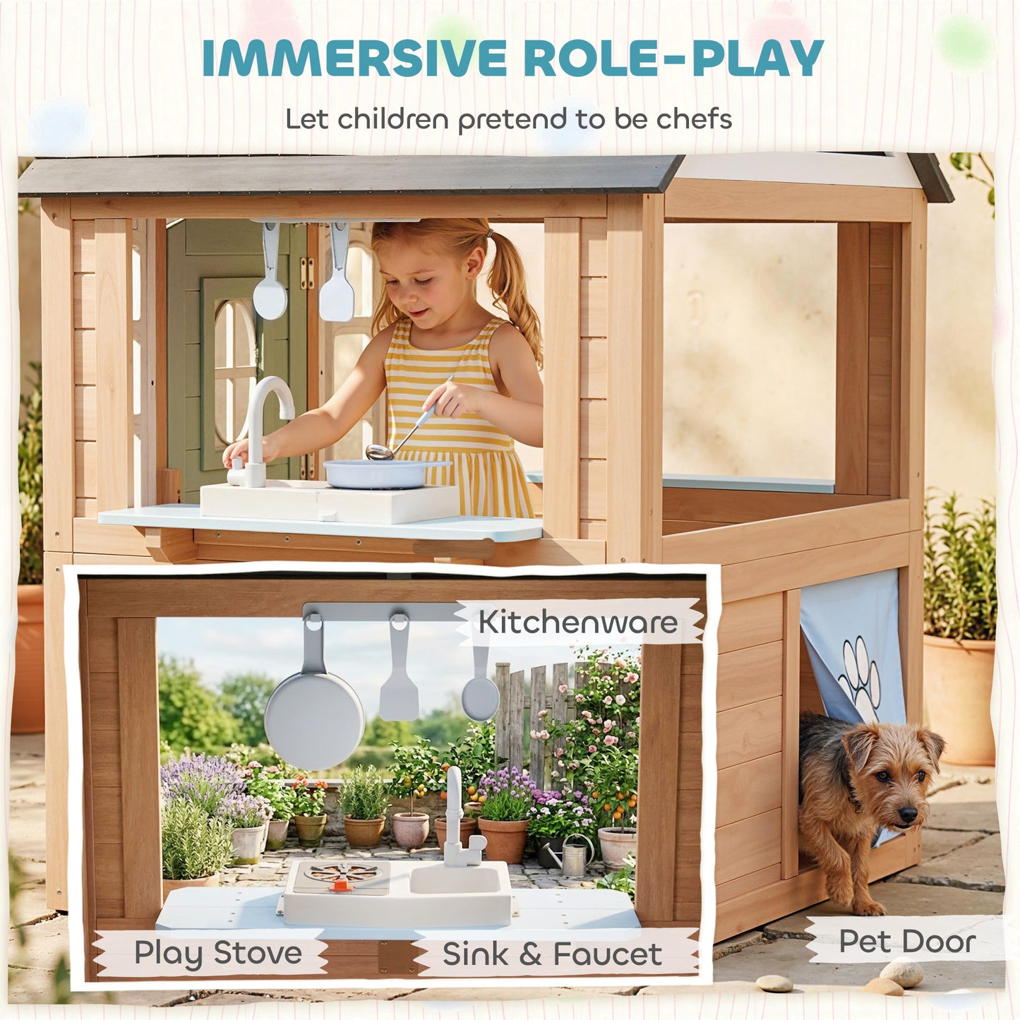 Wooden Playhouse for Kids, Wendy House with Pet Door, Play Kitchen, Half Door and Windows for Indoor Outdoor, Ages 2+