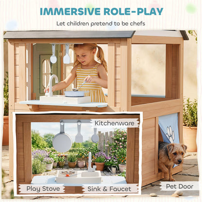 Wooden Playhouse for Kids, Wendy House with Pet Door, Play Kitchen, Half Door and Windows for Indoor Outdoor, Ages 2+