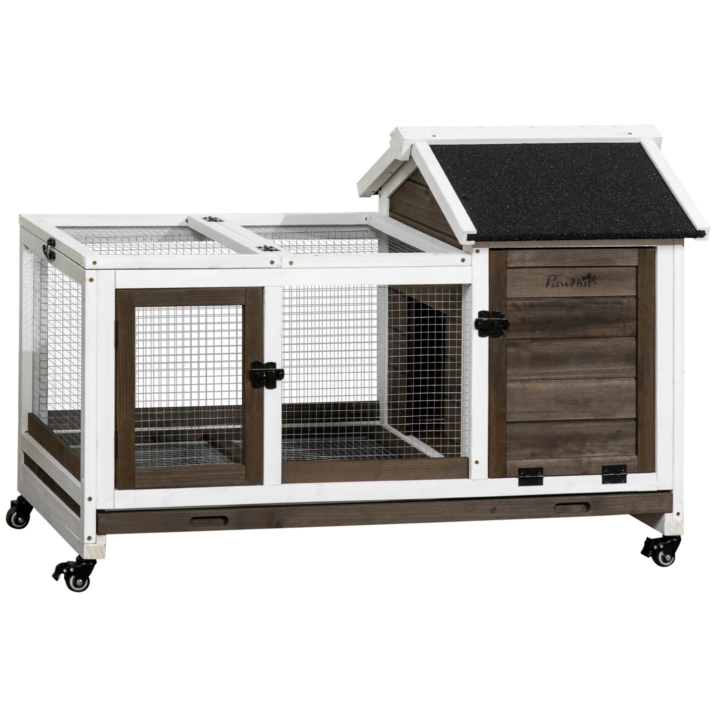 Wooden Rabbit Hutch, Guinea Pig Cage, with Removable Tray, Wheels - Brown