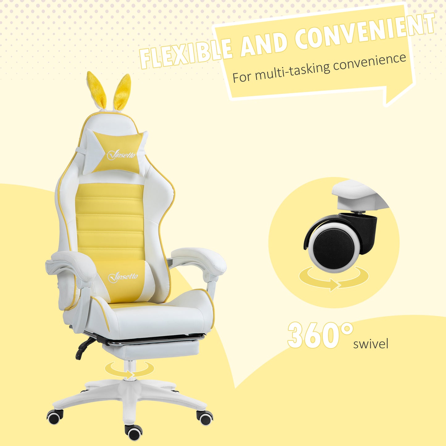 Gaming Chair with Rabbit Ears and Footrest, Ergonomic Computer Chair for Girls Adults, with Headrest, Lumbar Support
