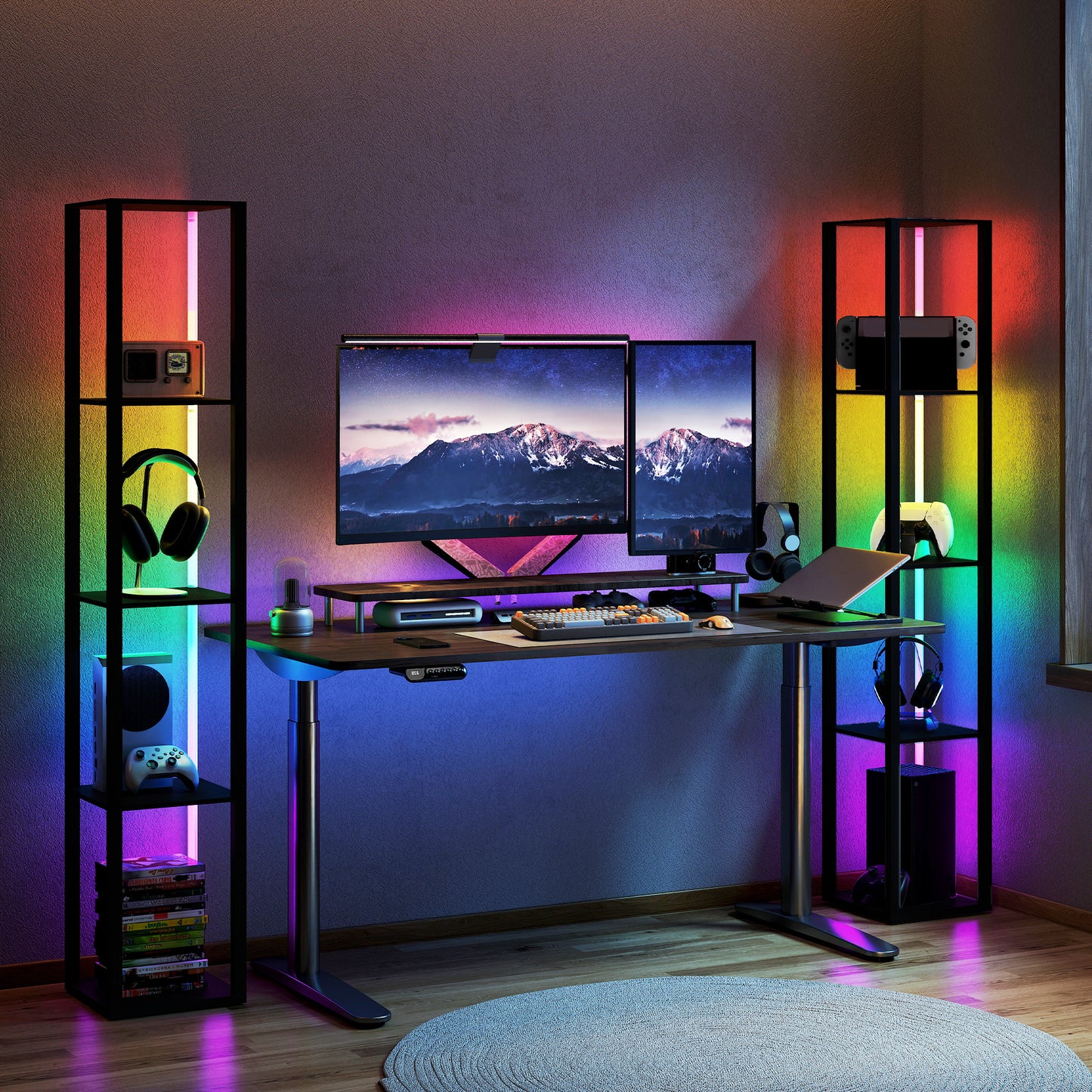 RGB LED Floor Lamp with Shelves, Modern Dimmable Standing Lamp with Remote Control