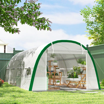 Walk-in Polytunnel Greenhouse Tunnel Warm House Tent with Zipped Doors, 8 Mesh Windows, PE Cover, 6 x 3 m, White