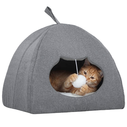 Cat Cave Bed for Indoor Kittens, Cat House with Removable Cushion and Teaser Ball, Kitty Igloo with Anti-Slip Base