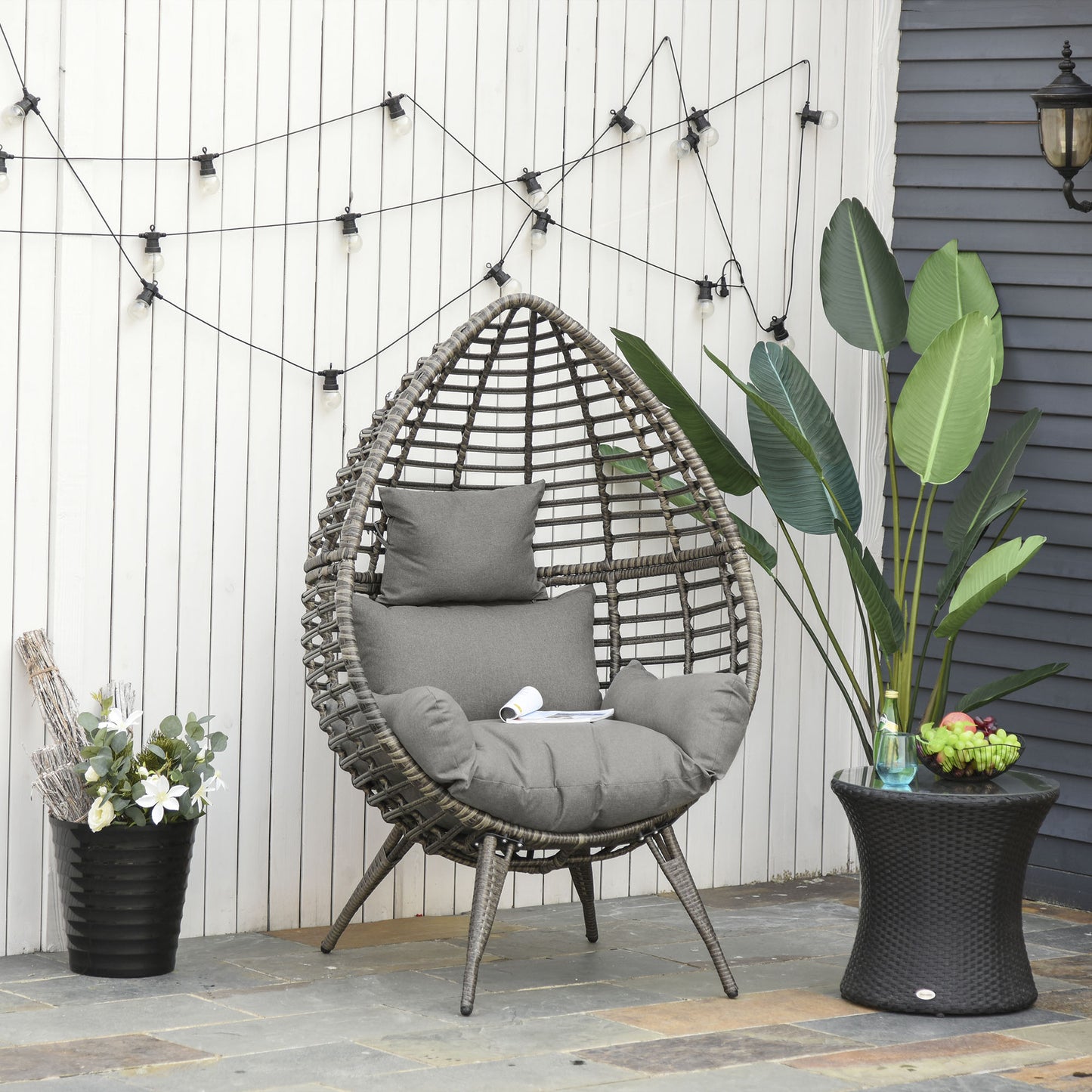 Teardop PE Wicker Rattan Chair w/ Thick Cushions 4 Legs Outdoor Seat Egg Garden