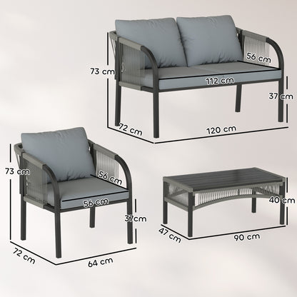 4 Piece Rattan Garden Furniture Set with Loveseat, Armchairs, Table, Steel Frame Wicker Patio Conversation Set, Grey
