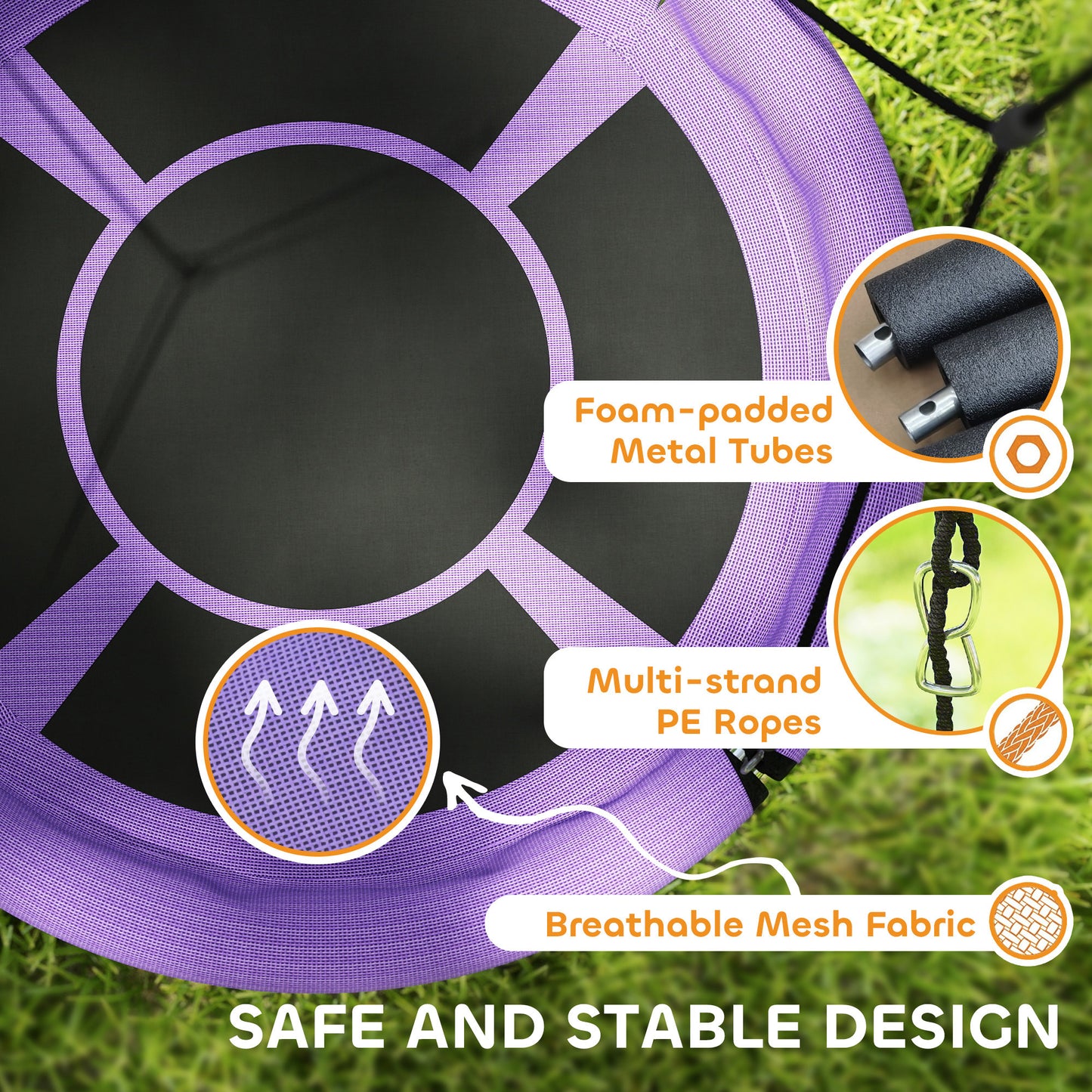 100cm Diameter Nest Seat for Kids with Height Adjustable Hanging Ropes for Outdoor, Playground, Garden, Purple