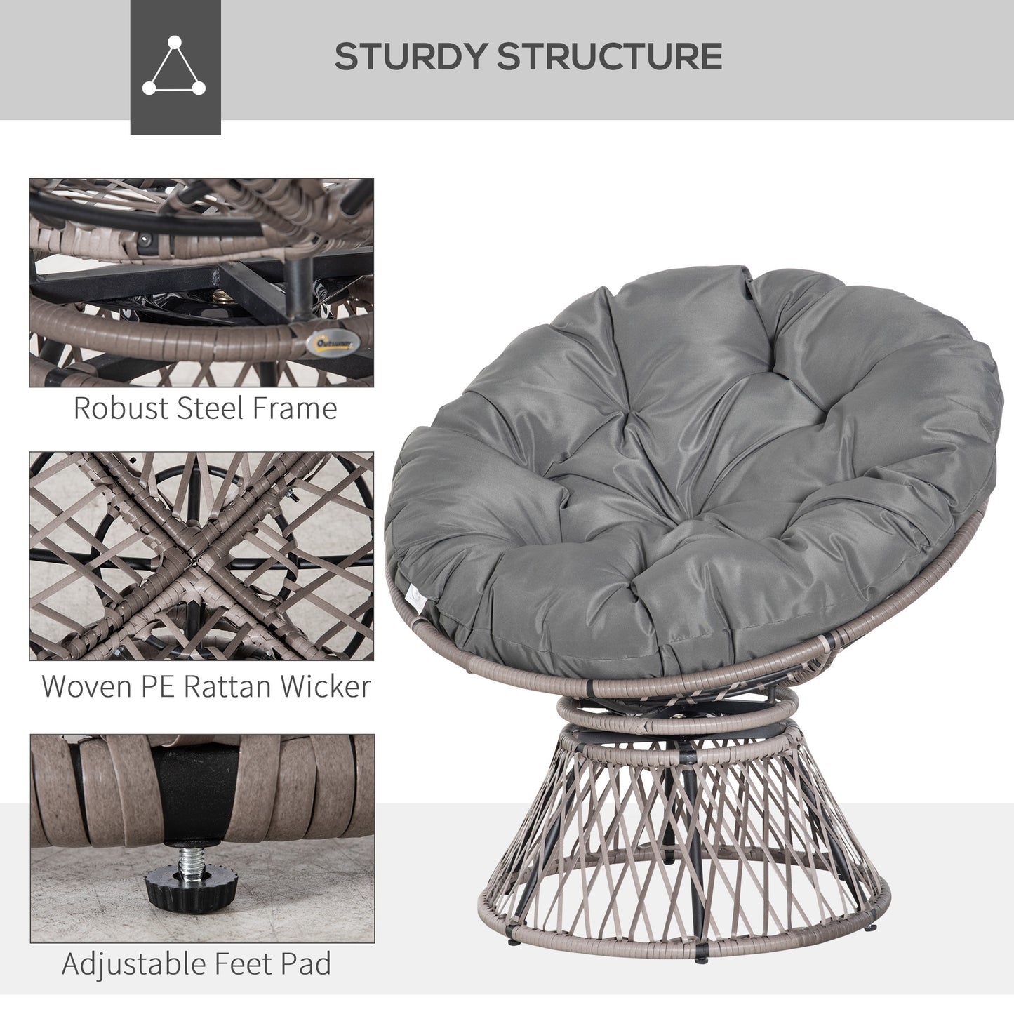 360° Swivel Rattan Papasan Moon Bowl Chair Round Lounge Garden Wicker Basket Seat with Padded Cushion Oversized for Outdoor I