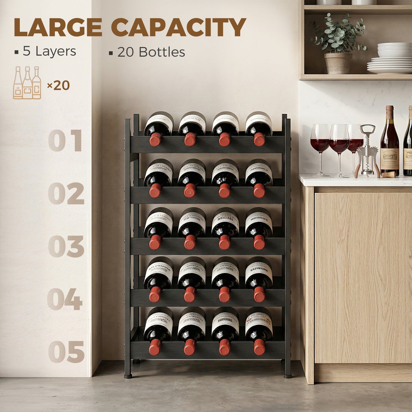 Wine Rack Freestanding Industrial Liquor Cabinet 5-Tier 20 Bottles Bar Stand with Adjustable Feet, Black