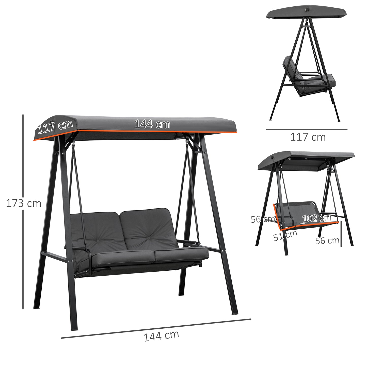 2 Seater Garden Swing Chair with Adjustable Tilting Canopy, Outdoor Hammock Bench with Steel Frame for Patio