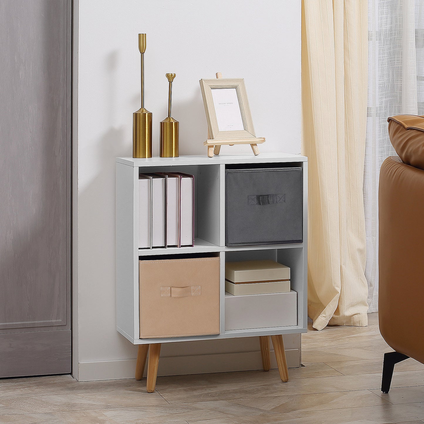 Freestanding 4 Cube Unit Cabinet Unit w/ 3 Fabric Drawers Handles Home Office Storage Shelves