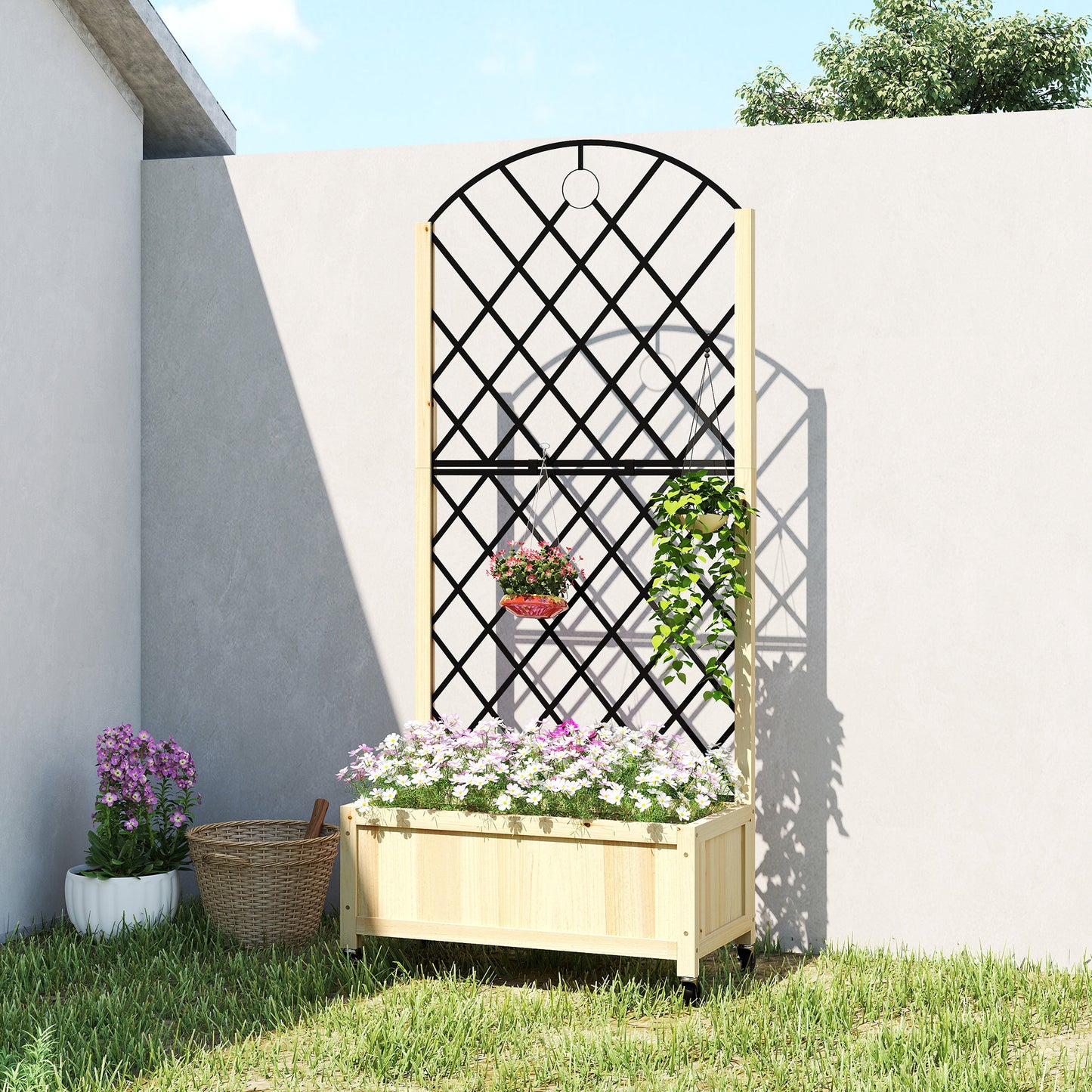 Raised Garden Bed with Metal Trellis, Wooden Elevated Planter Box with Lockable Wheels, Outdoor Raised Planter, Natural