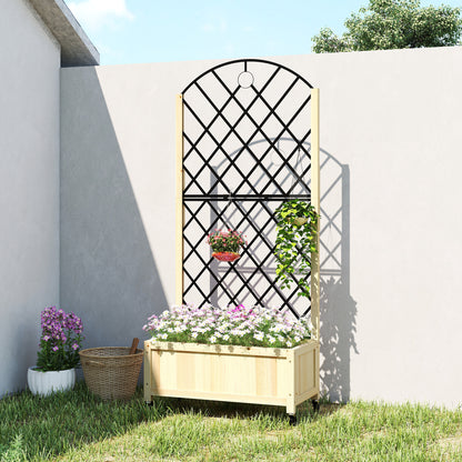 Raised Garden Bed with Metal Trellis, Wooden Elevated Planter Box with Lockable Wheels, Outdoor Raised Planter, Natural