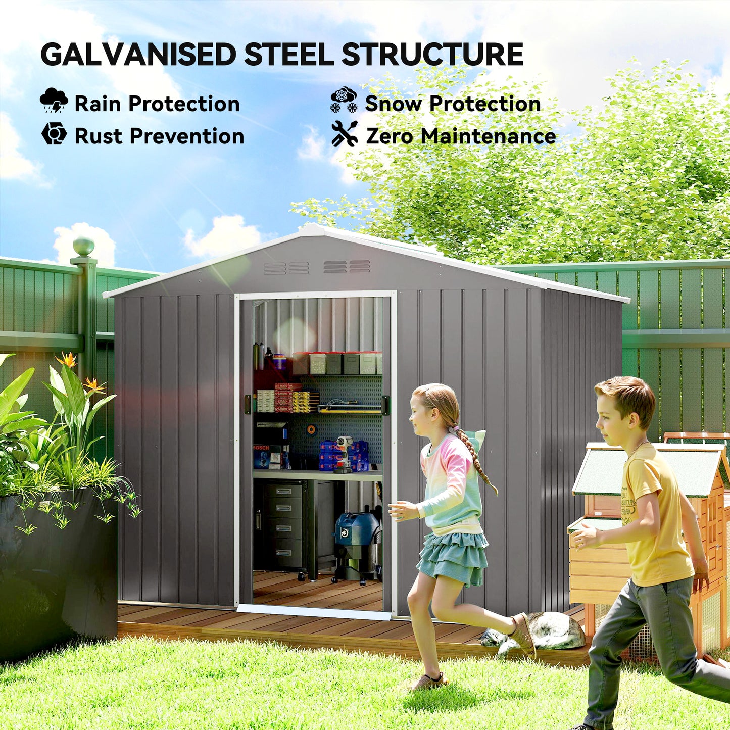 8 x 6ft Galvanised Steel Shed, with Double Door - Light Grey