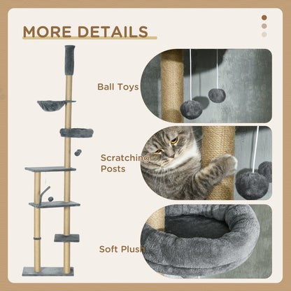 230-250cm Floor-to-Ceiling Climbing Cat Tree Tower - Grey